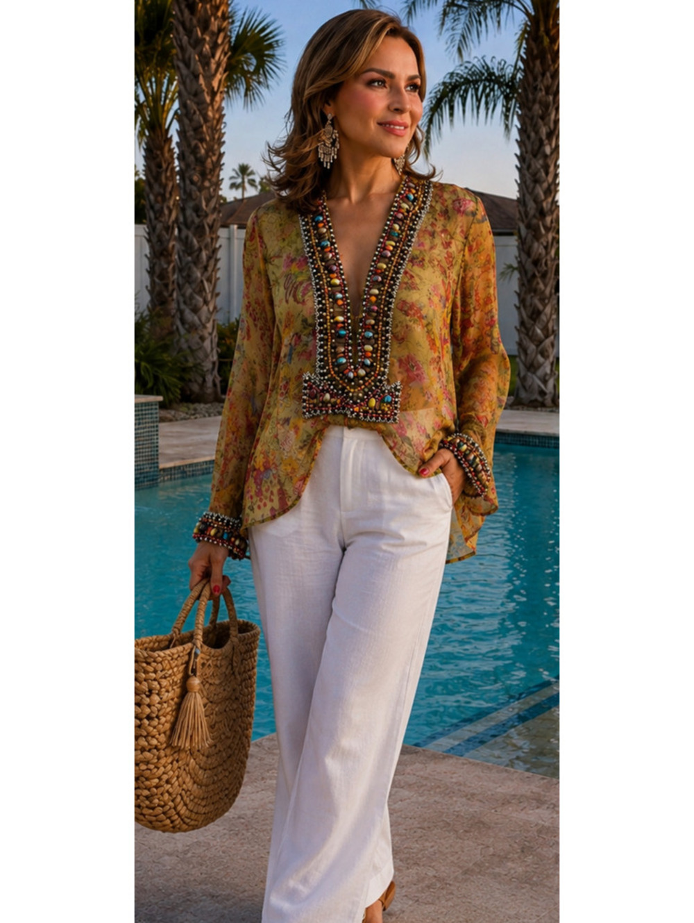Monique Leshman Floral Beaded Tunic Blouse